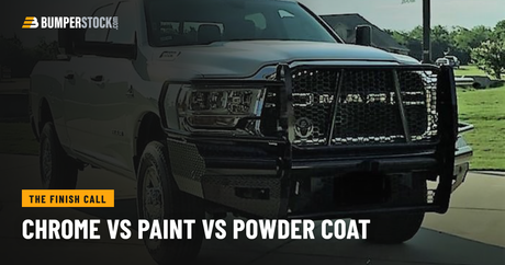Chrome vs paint vs powder coat bumper finish: Ram HD with a black powder coated grille guard front bumper