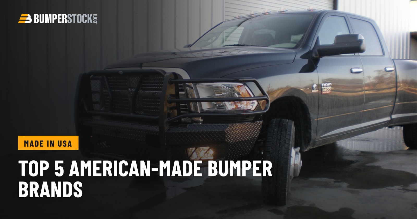 Ram 3500 dually fitted with an American-made steel front bumper and full grille guard, representing the top 5 American-made truck bumper brands