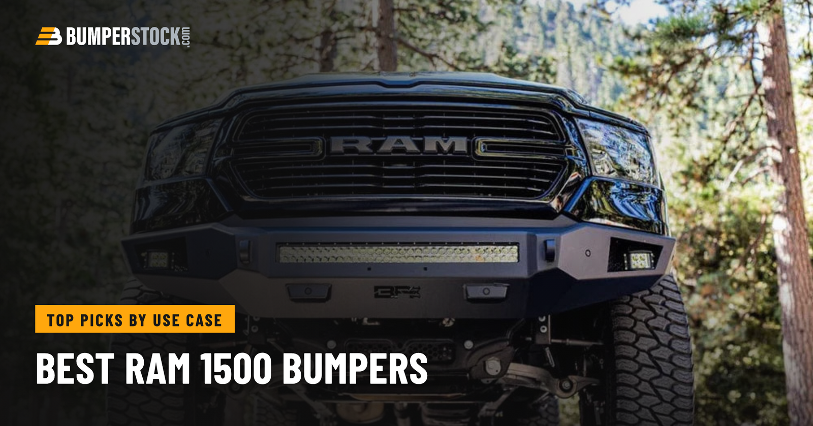 Dodge Ram 1500 with an aftermarket steel off-road front bumper and LED light bar on a forest trail