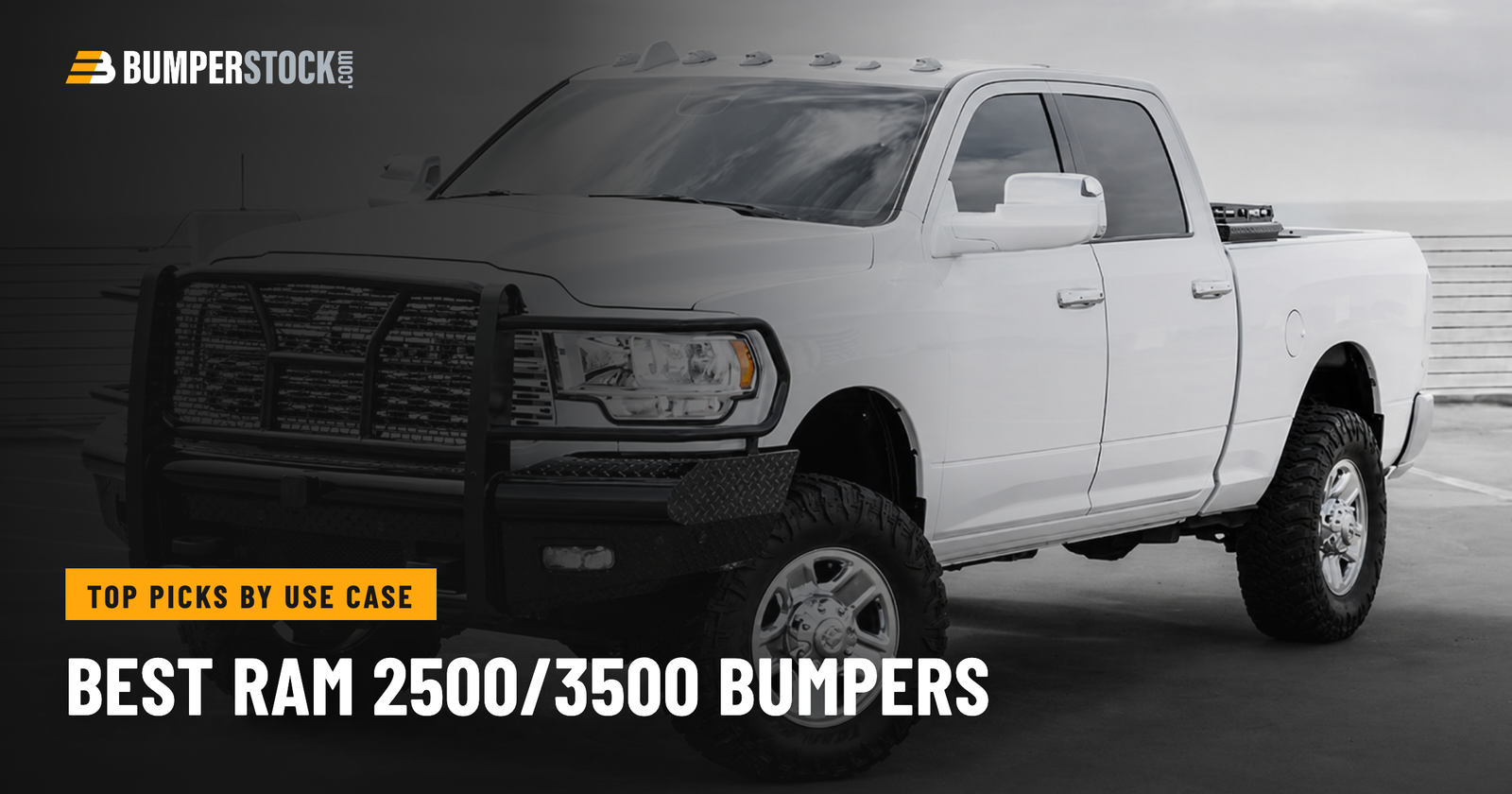 Ram 2500 with an aftermarket steel front bumper and grille guard installed - BumperStock