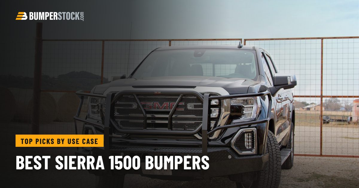 GMC Sierra 1500 with a Frontier steel front bumper and full grille guard, parked at a ranch