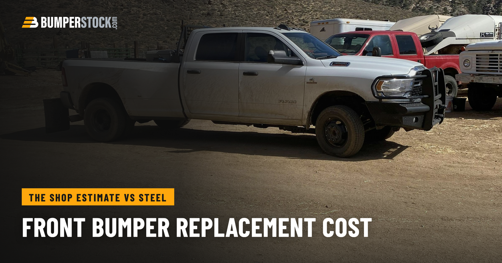 White Ram 3500 work truck with an aftermarket steel front bumper parked in a ranch yard