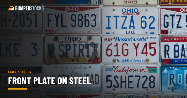 Wall of American license plates from Ohio, Pennsylvania, Massachusetts, California, South Carolina, West Virginia and Colorado, with a BumperStock article header reading Front Plate On Steel