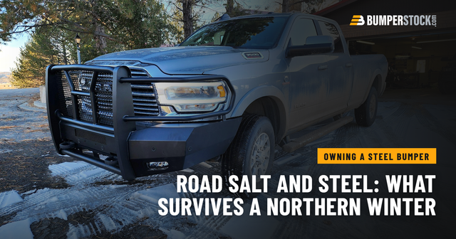 A customer's Ram 3500 with a Steelcraft Elevation front bumper on a snowy, icy driveway