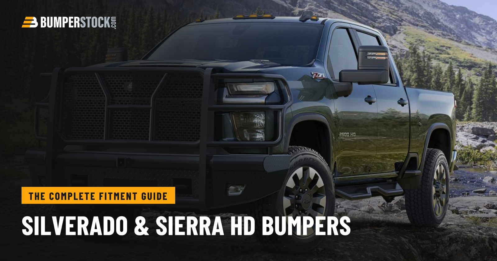 Green Chevy Silverado 2500HD with a Steelcraft steel front bumper and grille guard
