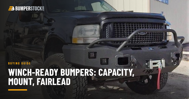 Winch-ready steel front bumper with a winch installed on a lifted Ford Super Duty.