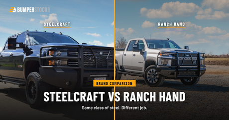 Steelcraft and Ranch Hand grille guard bumpers side by side on two Chevy Silverado 2500HD trucks