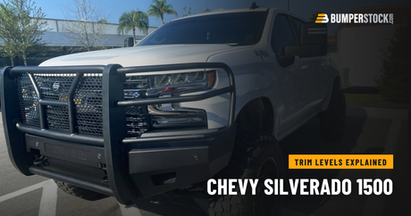 Chevy Silverado 1500 with a grille guard front bumper, trim levels explained
