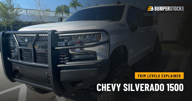 Chevy Silverado 1500 with a grille guard front bumper, trim levels explained