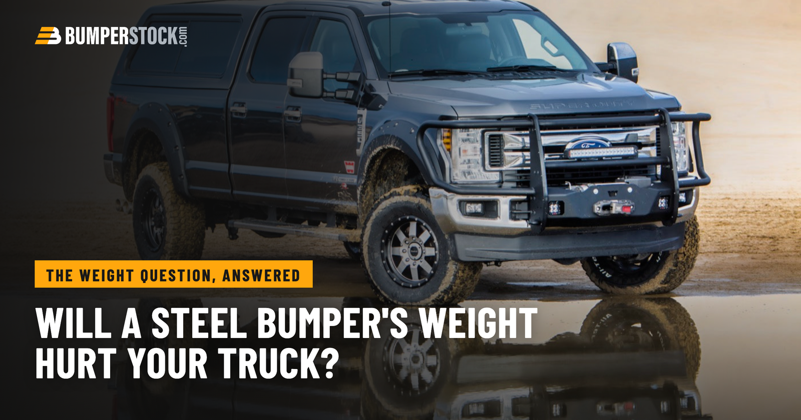 Will a steel bumper's weight hurt your truck? Ford Super Duty with a steel front bumper, grille guard and winch, sitting level.