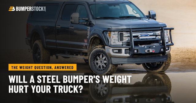 Will a steel bumper's weight hurt your truck? Ford Super Duty with a steel front bumper, grille guard and winch, sitting level.