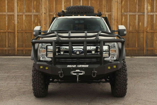 Road Armor Stealth 61743B 2017-2021 Ford F450/F550 Winch Front Bumper with Intimidator Guard and Square Light Cutouts