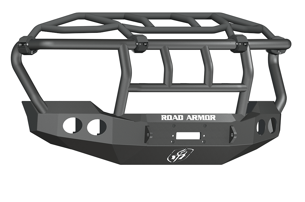 Road Armor Stealth 611403B 2011-2016 Ford F250/F350/F450/F550 Super Duty Winch Front Bumper with Titan Guard with Intimidator Guard and Round Light Cutouts - BumperStock