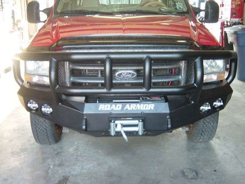 Road Armor Stealth 60502B 2005-2007 Ford F250/F350/F450/Excursion Winch Front Bumper with Titan II Guard and Round Light Cutouts - BumperStock