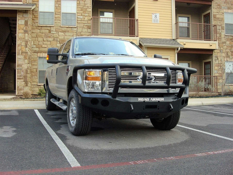 Road Armor Stealth 60802B 2008-2010 Ford F250/F350/F450 Winch Front Bumper with Titan II Guard and Round Light Cutouts - BumperStock