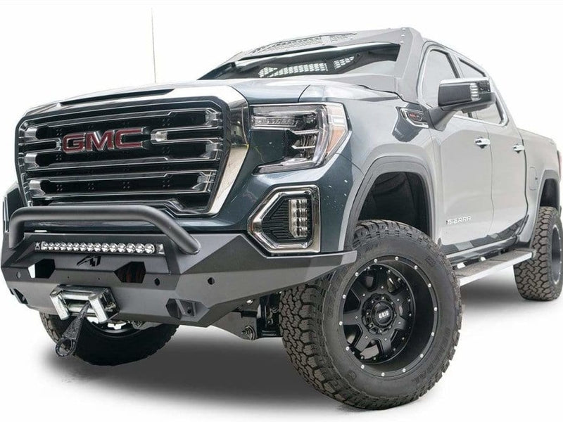 Fab Fours Matrix GS19-X3952-1 winch-ready front bumper with pre-runner guard on 2019-2021 GMC Sierra 1500 - BumperStock