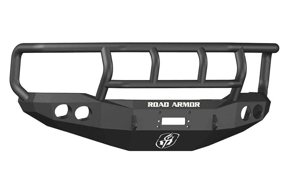Road Armor 66002B 1999-2004 Ford F250/F350/F450 Winch Front Bumper with Titan II Guard and Round Light Holes - Satin Black-BumperStock