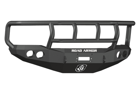 Road Armor 66002B 1999-2004 Ford F250/F350/F450 Winch Front Bumper with Titan II Guard and Round Light Holes - Satin Black-BumperStock