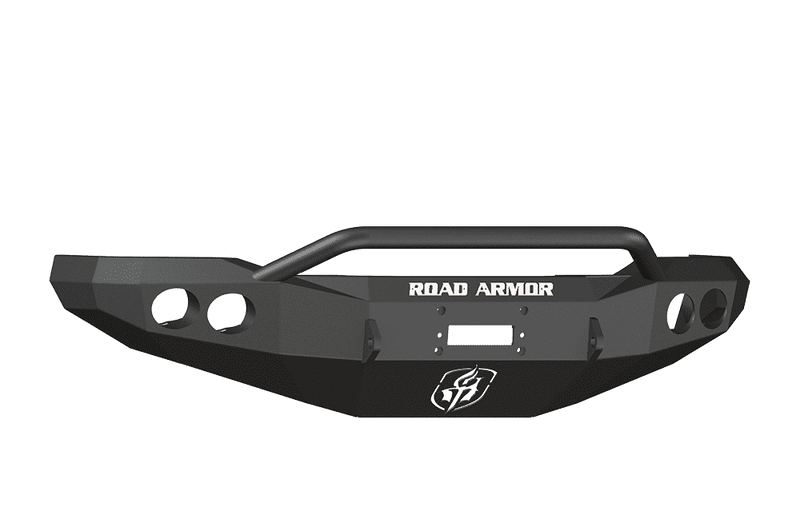 Road Armor 66004B 1999-2004 Ford F250/F350/F450 Winch Front Bumper with Pre-Runner Guard and Round Light Holes - Satin Black-BumperStock